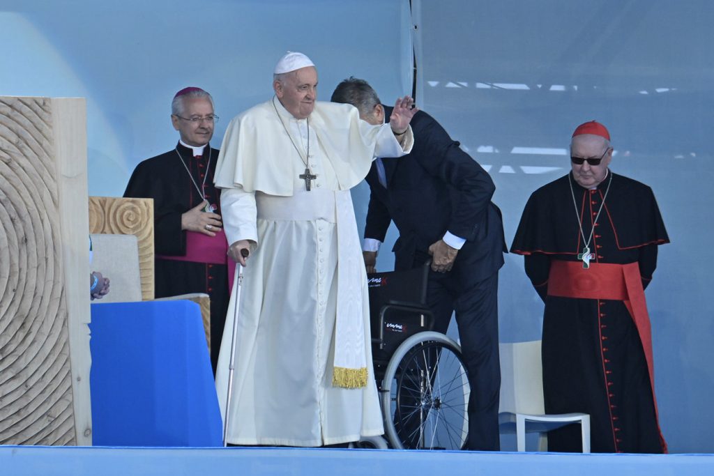 Pope Francis greets young people in the welcoming ceremony for World Youth Day at Eduardo VII Park in Lisbon, Portugal on Aug. 3, 2023. VATICAN MEDIA