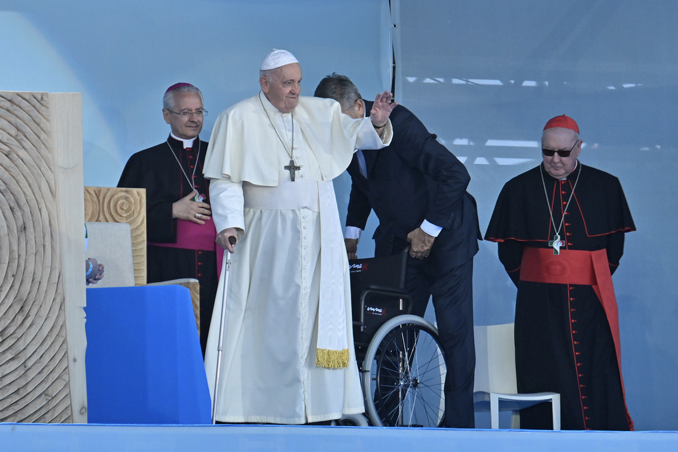 Pope Francis greets young people in the welcoming ceremony for World Youth Day at Eduardo VII Park in Lisbon, Portugal on Aug. 3, 2023. VATICAN MEDIA